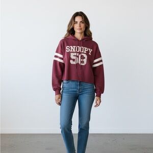 Aeropostale Maroon Snoopy 58 Cropped Hoodie with White Stripes
